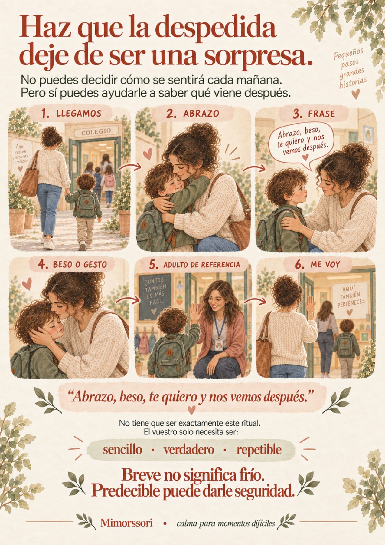 Secuencia visual de seis pasos para un ritual breve de despedida en la entrada del colegio